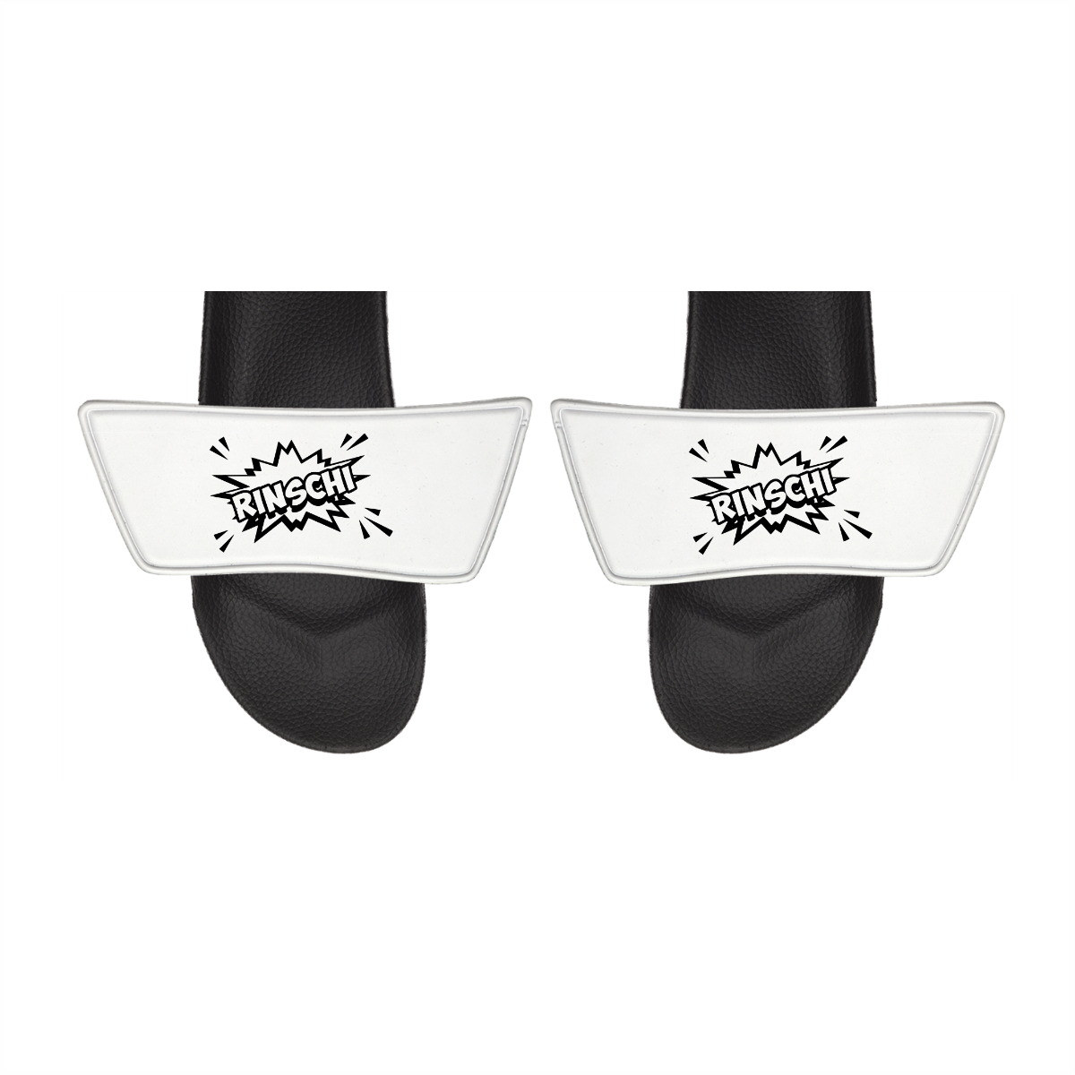 Badelatschen "RINSCHI Logo" weiß, schwarze Sohle