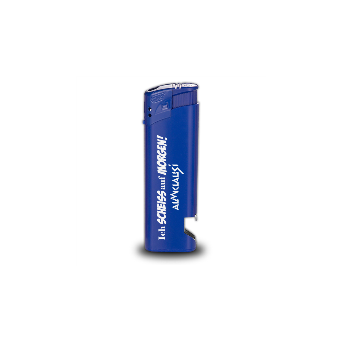 Feuerzeug "ICH SCHEIß AUF MORGEN" blau