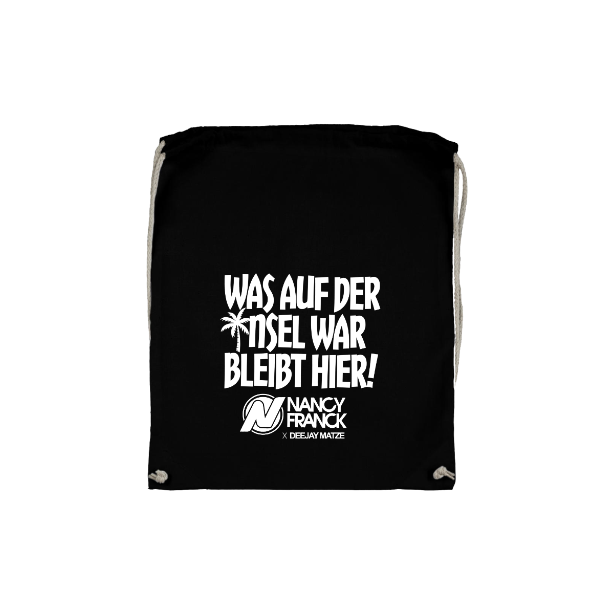 Stoffbeutel "WAS AUF DER INSEL WAR BLEIBT HIER!" schwarz