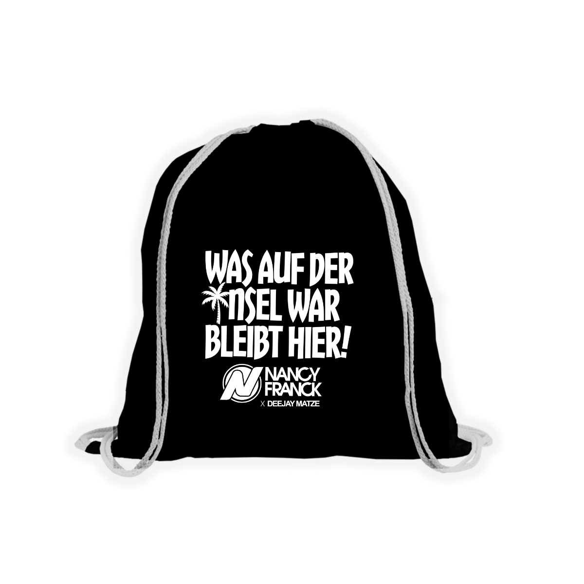 Stoffbeutel "WAS AUF DER INSEL WAR BLEIBT HIER!" schwarz